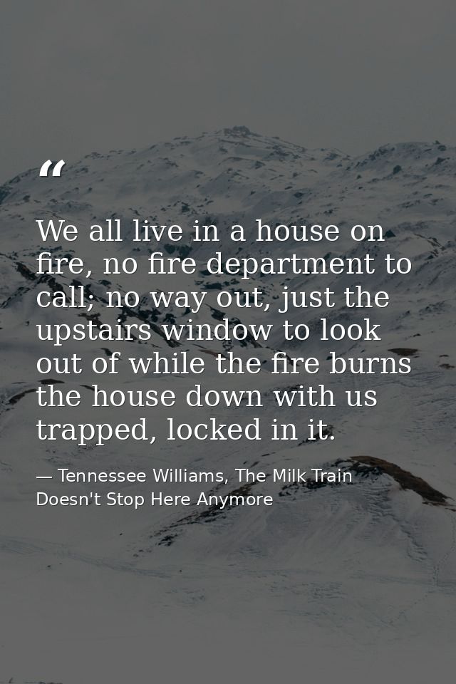 We all live in a house on fire, no fire department to call; no way out, just the upstairs window to look out of while th — Tennessee Williams, The Milk Train Doesn't Stop Here Anymore