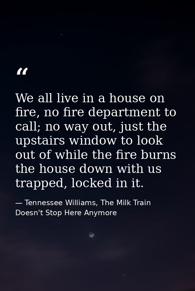 We all live in a house on fire, no fire department to call; no way out, just the upstairs window to look out of while th — Tennessee Williams, The Milk Train Doesn't Stop Here Anymore