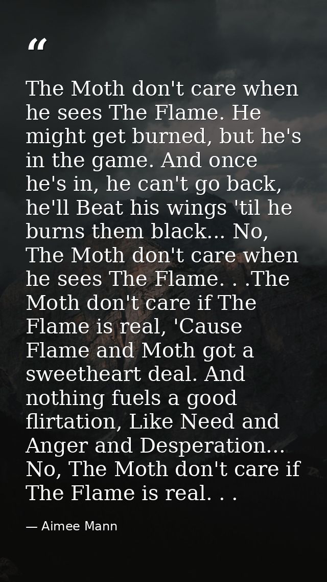 The Moth don't care when he sees The Flame. He might get burned, but he's in the game. And once he's in, he can't go bac — Aimee Mann