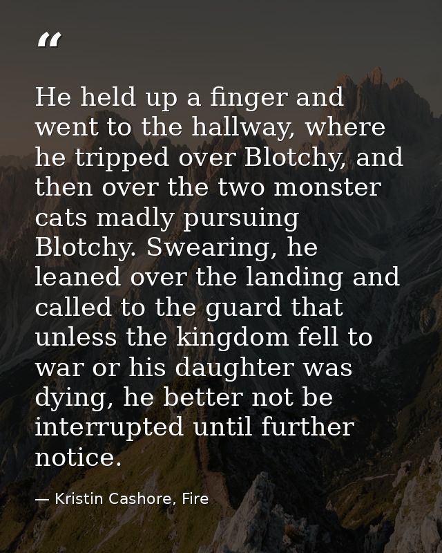 He held up a finger and went to the hallway, where he tripped over Blotchy, and then over the two monster cats madly pur — Kristin Cashore, Fire