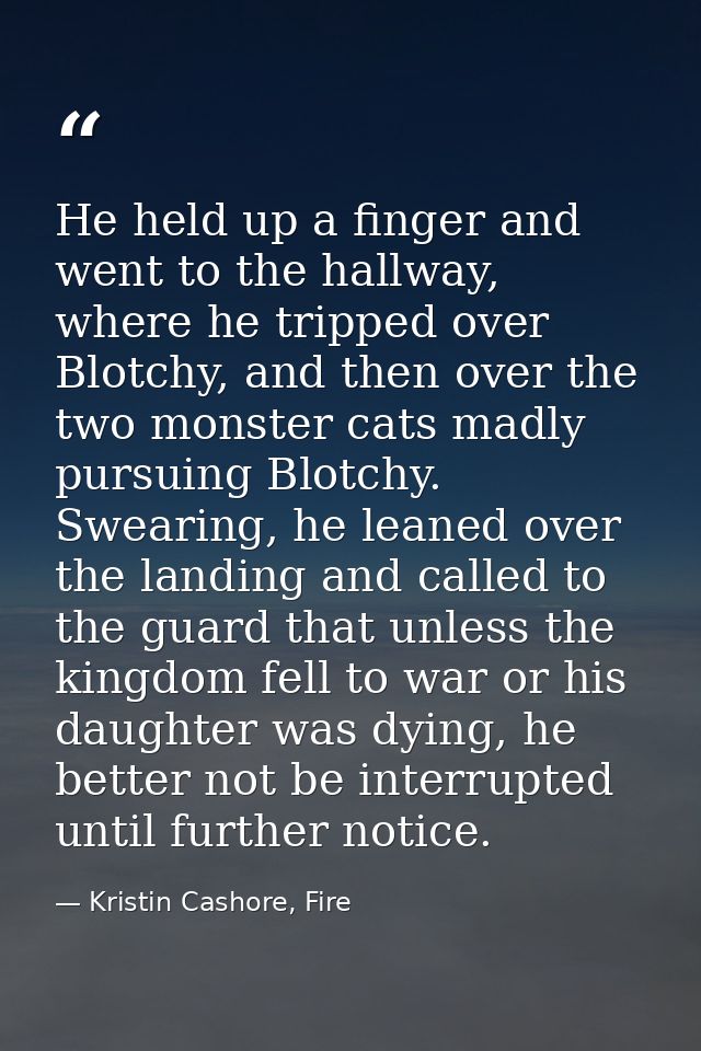 He held up a finger and went to the hallway, where he tripped over Blotchy, and then over the two monster cats madly pur — Kristin Cashore, Fire