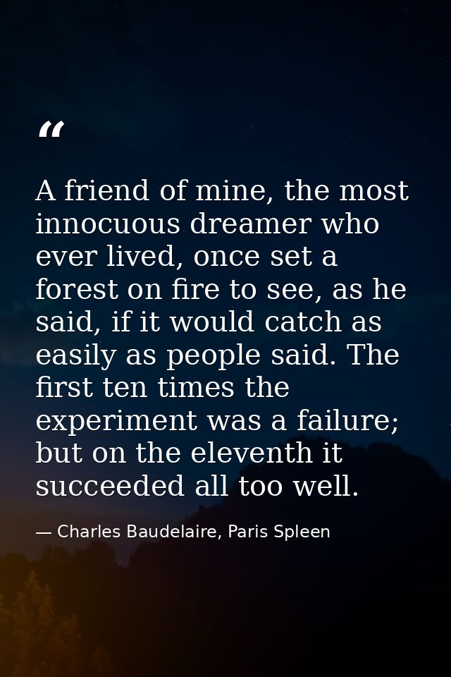 A friend of mine, the most innocuous dreamer who ever lived, once set a forest on fire to see, as he said, if it would c — Charles Baudelaire, Paris Spleen