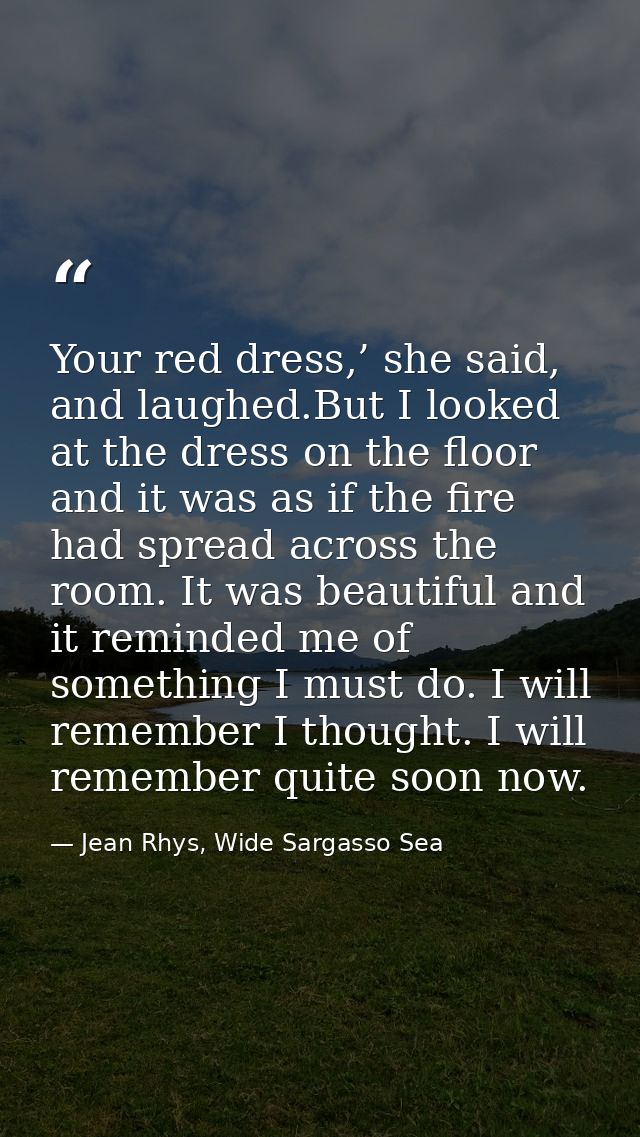 Your red dress,’ she said, and laughed.But I looked at the dress on the floor and it was as if the fire had spread acros — Jean Rhys, Wide Sargasso Sea
