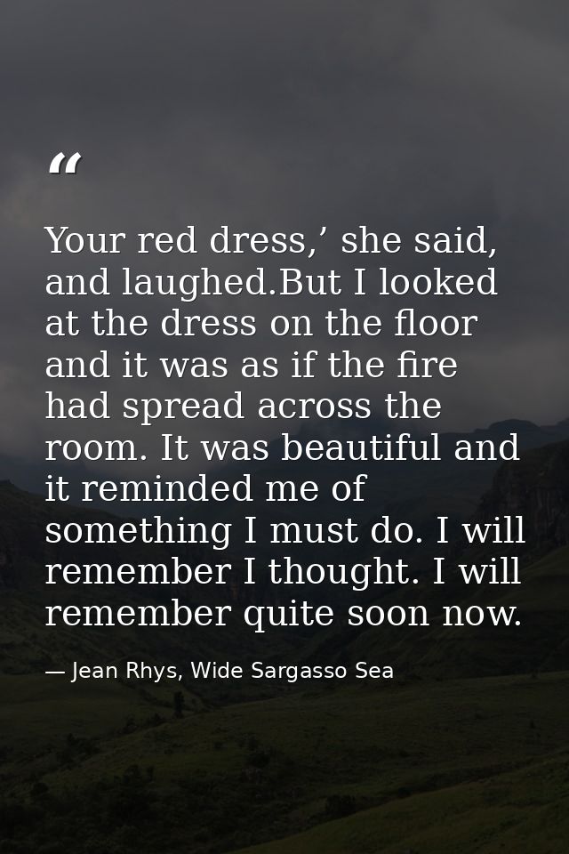 Your red dress,’ she said, and laughed.But I looked at the dress on the floor and it was as if the fire had spread acros — Jean Rhys, Wide Sargasso Sea
