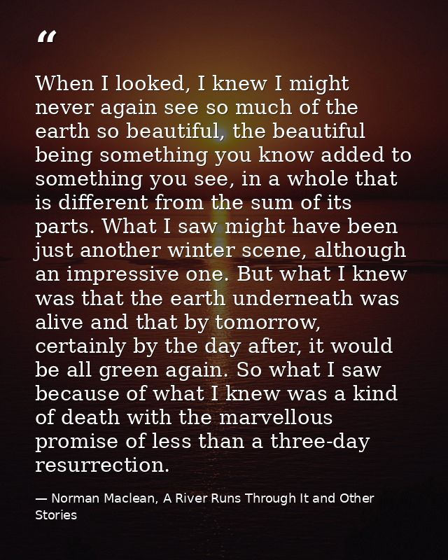 When I looked, I knew I might never again see so much of the earth so beautiful, the beautiful being something you know  — Norman Maclean, A River Runs Through It and Other Stories