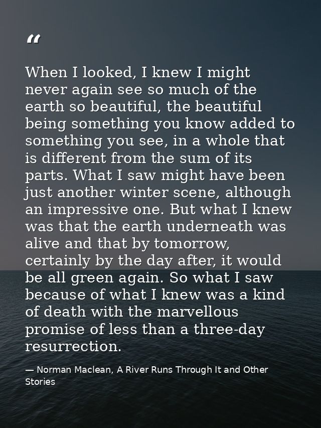 When I looked, I knew I might never again see so much of the earth so beautiful, the beautiful being something you know  — Norman Maclean, A River Runs Through It and Other Stories