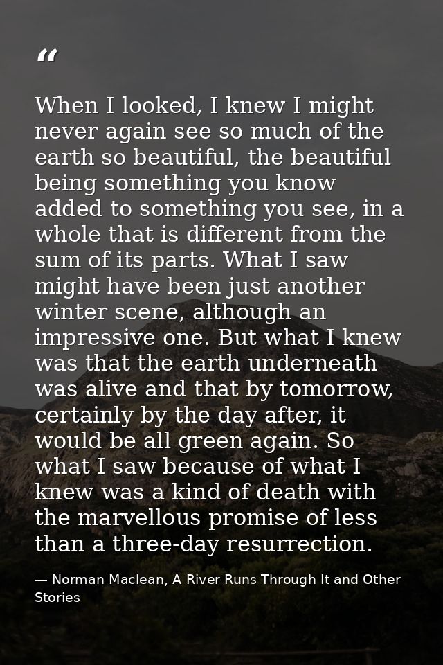 When I looked, I knew I might never again see so much of the earth so beautiful, the beautiful being something you know  — Norman Maclean, A River Runs Through It and Other Stories
