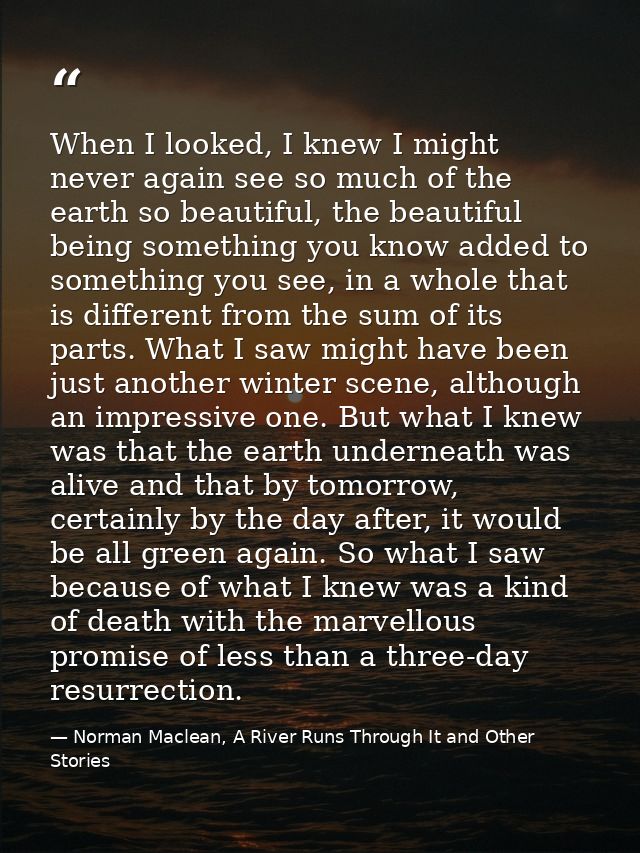 When I looked, I knew I might never again see so much of the earth so beautiful, the beautiful being something you know  — Norman Maclean, A River Runs Through It and Other Stories