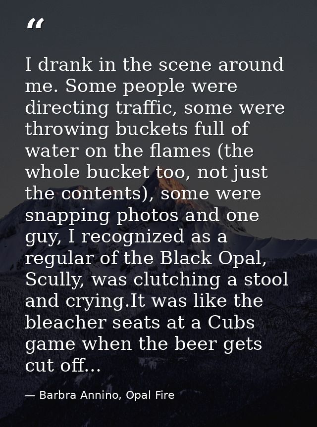 I drank in the scene around me. Some people were directing traffic, some were throwing buckets full of water on the flam — Barbra Annino, Opal Fire