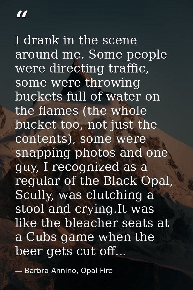 I drank in the scene around me. Some people were directing traffic, some were throwing buckets full of water on the flam — Barbra Annino, Opal Fire