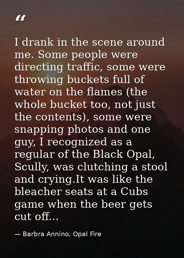 I drank in the scene around me. Some people were directing traffic, some were throwing buckets full of water on the flam — Barbra Annino, Opal Fire
