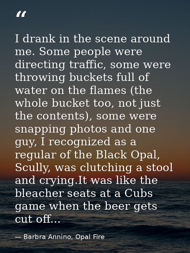 I drank in the scene around me. Some people were directing traffic, some were throwing buckets full of water on the flam — Barbra Annino, Opal Fire