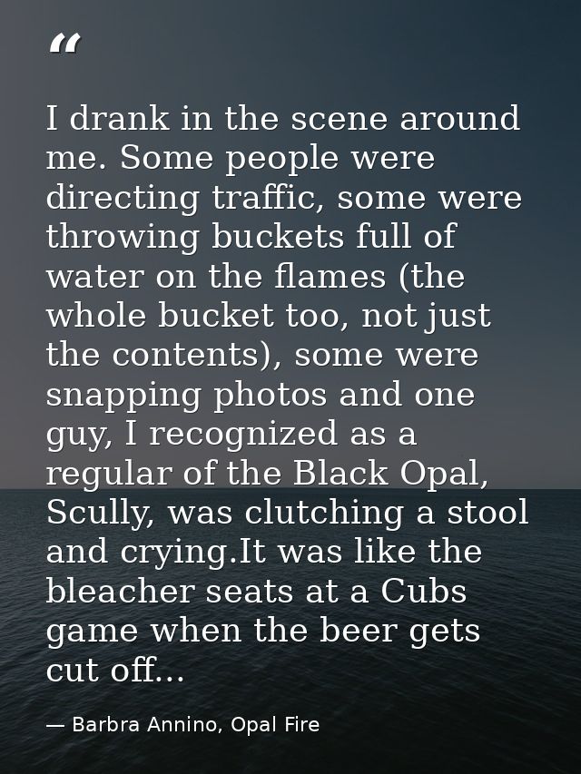 I drank in the scene around me. Some people were directing traffic, some were throwing buckets full of water on the flam — Barbra Annino, Opal Fire