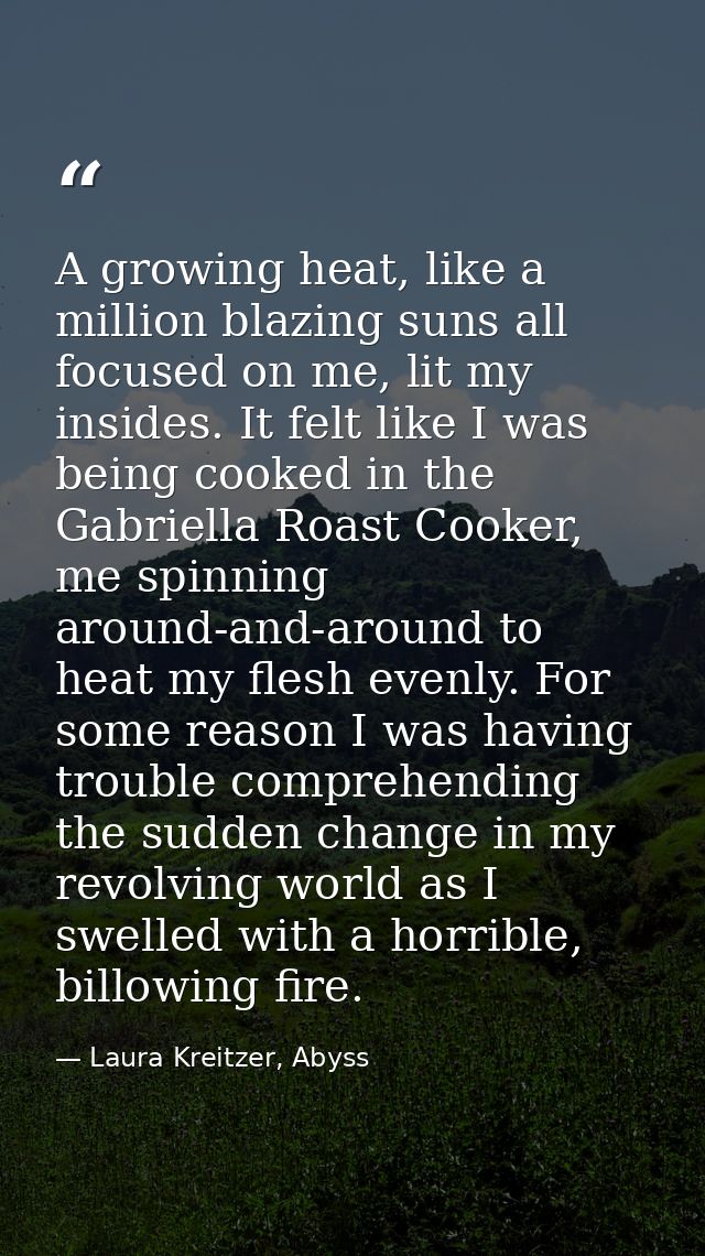 A growing heat, like a million blazing suns all focused on me, lit my insides. It felt like I was being cooked in the Ga — Laura Kreitzer, Abyss