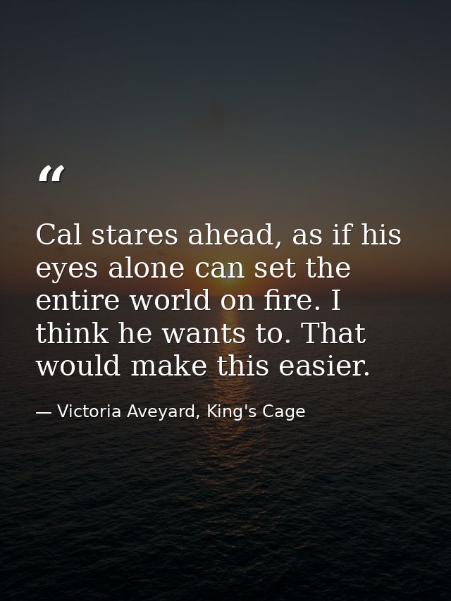 Cal stares ahead, as if his eyes alone can set the entire world on fire. I think he wants to. That would make this easie — Victoria Aveyard, King's Cage