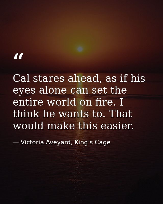 Cal stares ahead, as if his eyes alone can set the entire world on fire. I think he wants to. That would make this easie — Victoria Aveyard, King's Cage