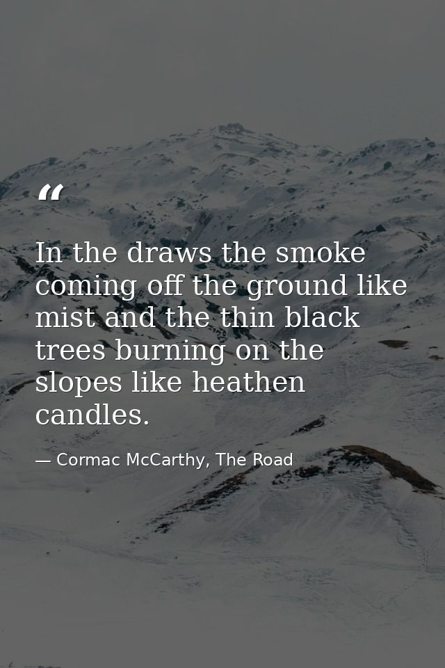 In the draws the smoke coming off the ground like mist and the thin black trees burning on the slopes like heathen candl — Cormac McCarthy, The Road