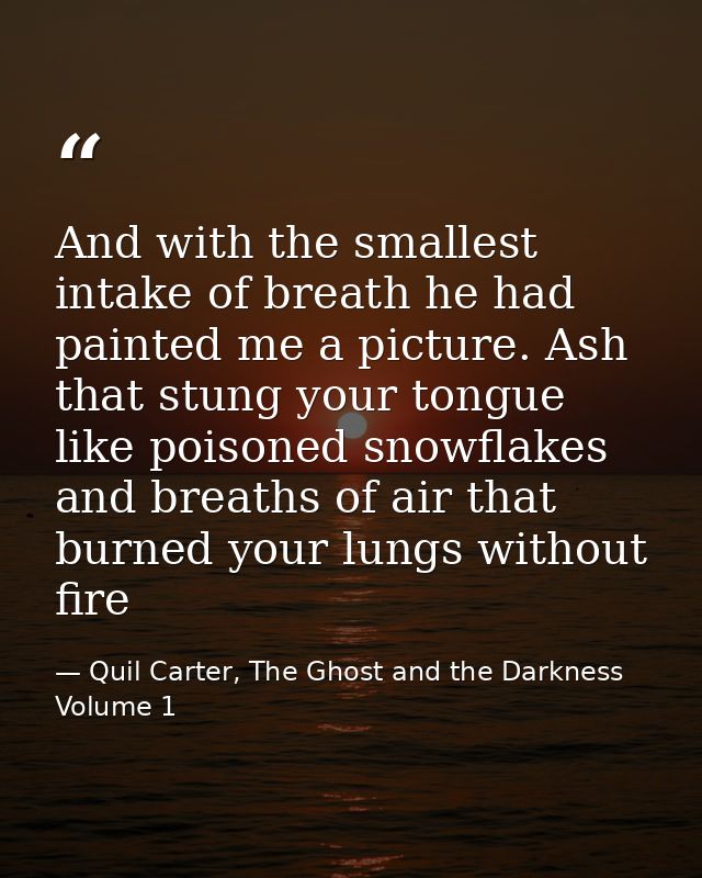 And with the smallest intake of breath he had painted me a picture. Ash that stung your tongue like poisoned snowflakes  — Quil Carter, The Ghost and the Darkness Volume 1