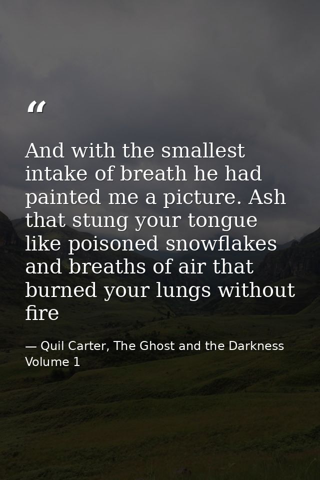 And with the smallest intake of breath he had painted me a picture. Ash that stung your tongue like poisoned snowflakes  — Quil Carter, The Ghost and the Darkness Volume 1
