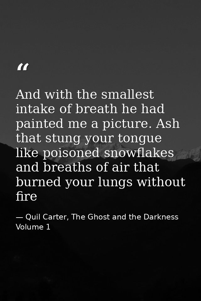 And with the smallest intake of breath he had painted me a picture. Ash that stung your tongue like poisoned snowflakes  — Quil Carter, The Ghost and the Darkness Volume 1