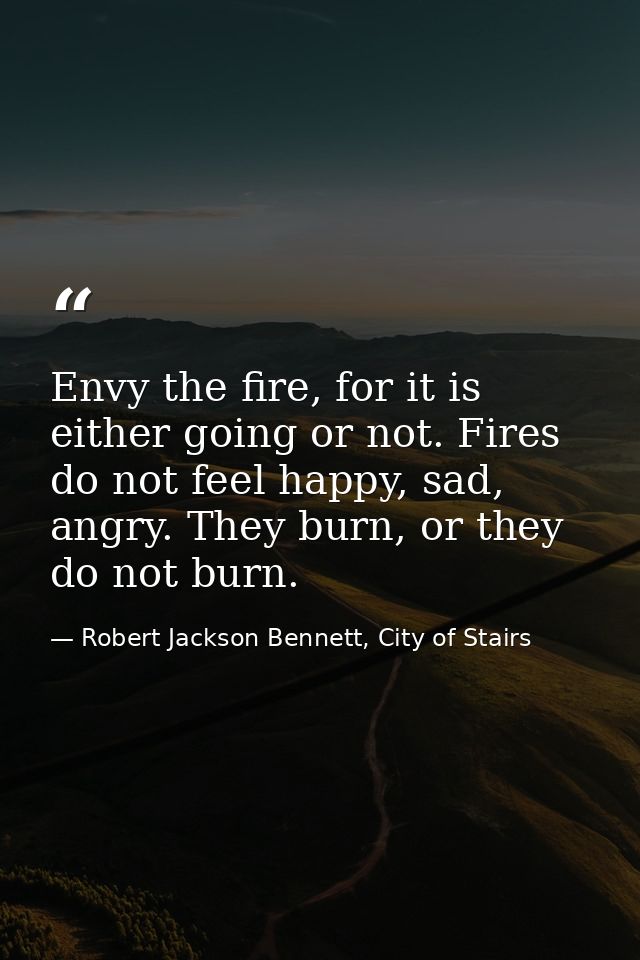 Envy the fire, for it is either going or not. Fires do not feel happy, sad, angry. They burn, or they do not burn. — Robert Jackson Bennett, City of Stairs