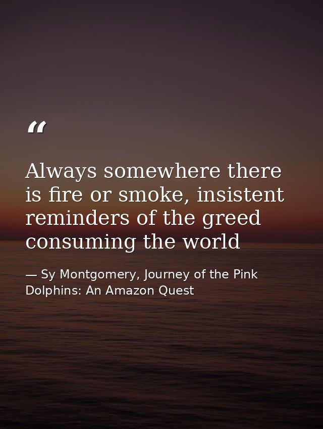 Always somewhere there is fire or smoke, insistent reminders of the greed consuming the world — Sy Montgomery, Journey of the Pink Dolphins: An Amazon Quest
