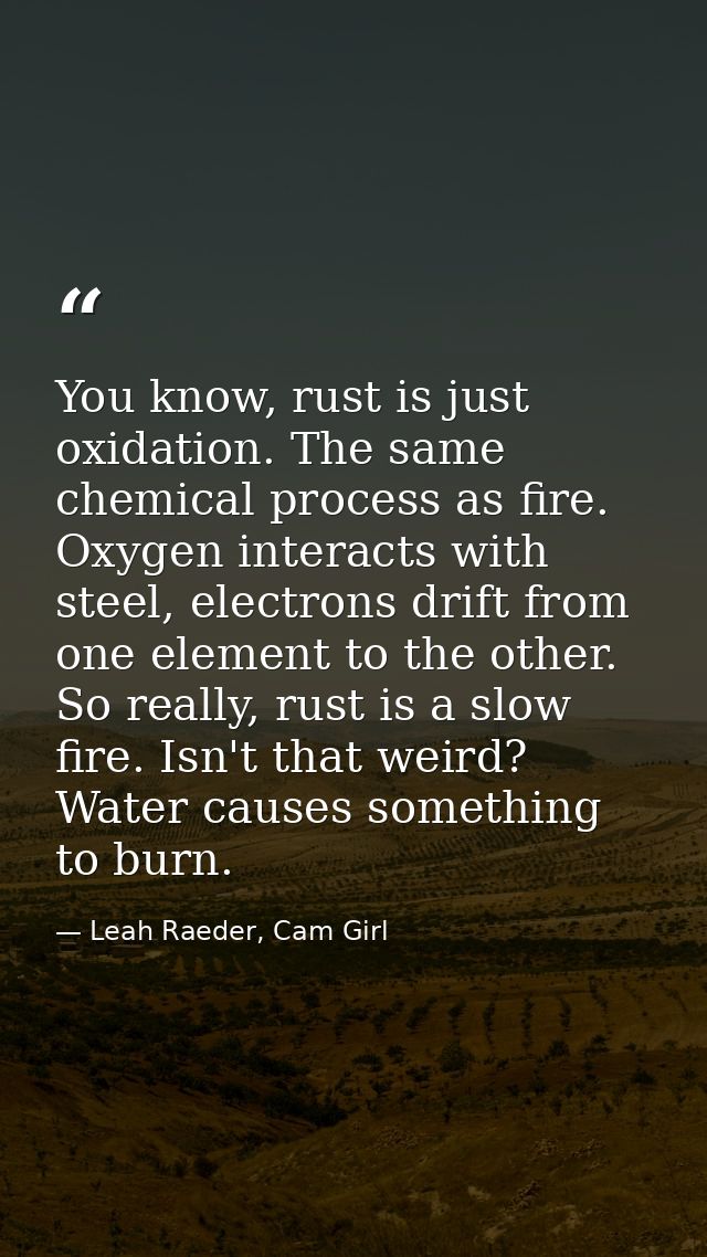 You know, rust is just oxidation. The same chemical process as fire. Oxygen interacts with steel, electrons drift from o — Leah Raeder, Cam Girl