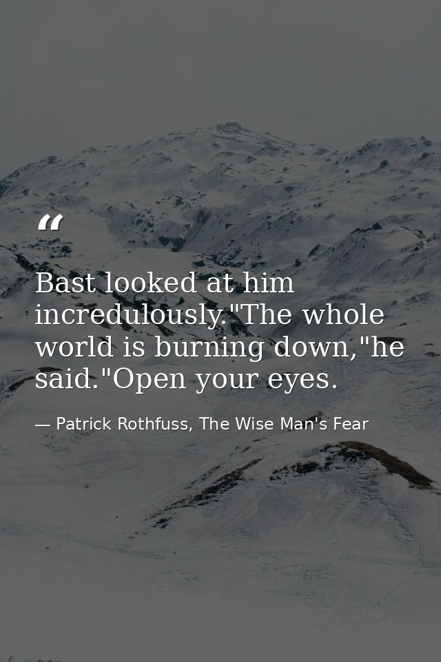 Bast looked at him incredulously."The whole world is burning down,"he said."Open your eyes. — Patrick Rothfuss, The Wise Man's Fear