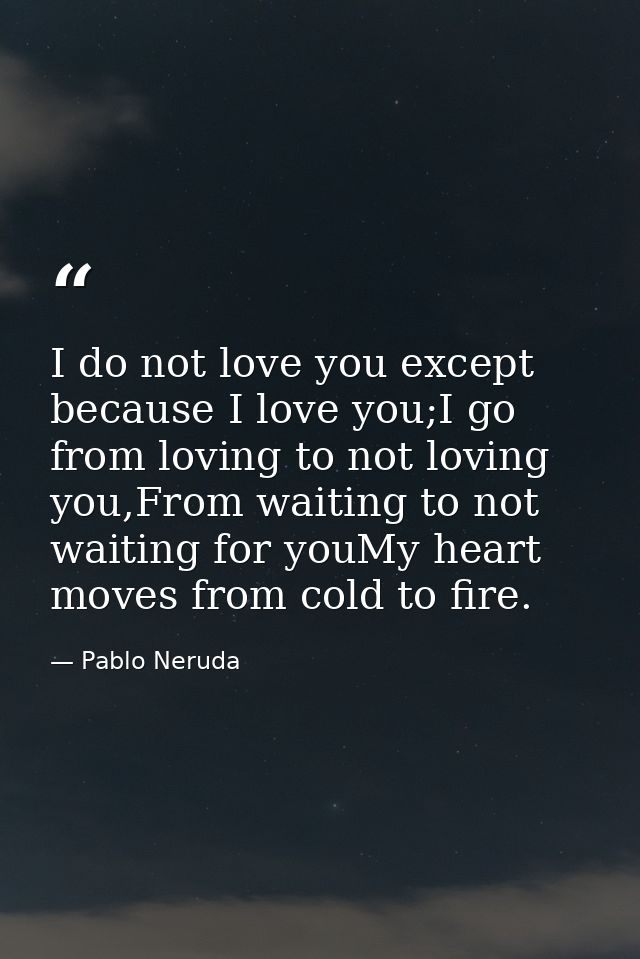 I do not love you except because I love you;I go from loving to not loving you,From waiting to not waiting for youMy hea — Pablo Neruda
