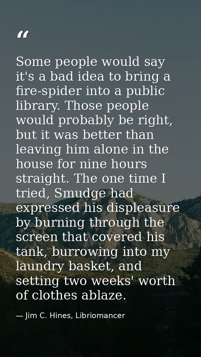 Some people would say it's a bad idea to bring a fire-spider into a public library. Those people would probably be right — Jim C. Hines, Libriomancer