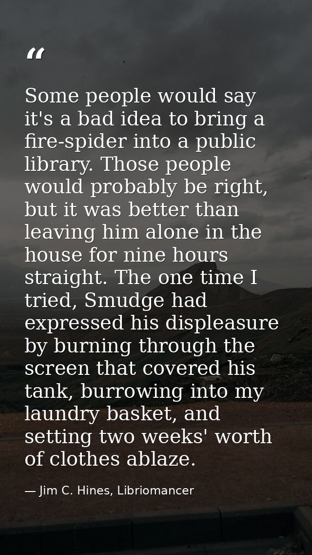 Some people would say it's a bad idea to bring a fire-spider into a public library. Those people would probably be right — Jim C. Hines, Libriomancer
