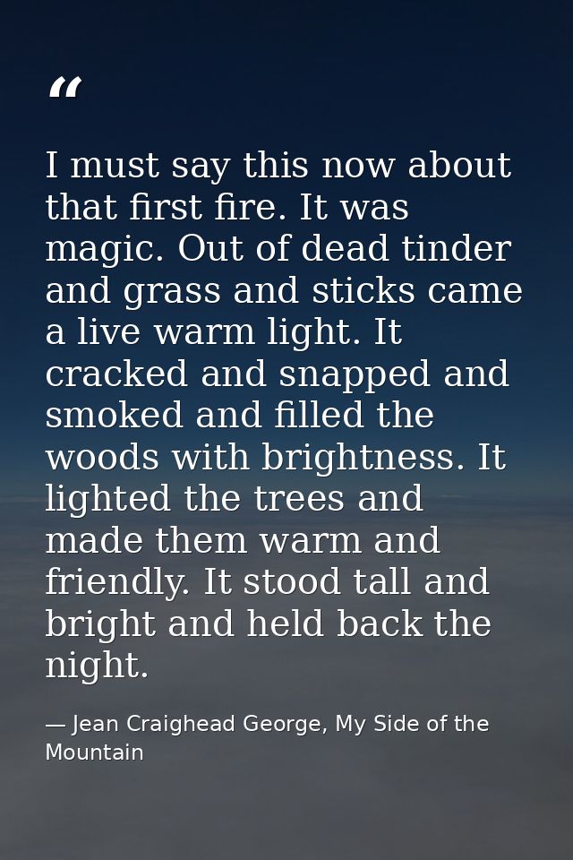 I must say this now about that first fire. It was magic. Out of dead tinder and grass and sticks came a live warm light. — Jean Craighead George, My Side of the Mountain