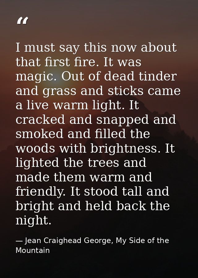 I must say this now about that first fire. It was magic. Out of dead tinder and grass and sticks came a live warm light. — Jean Craighead George, My Side of the Mountain