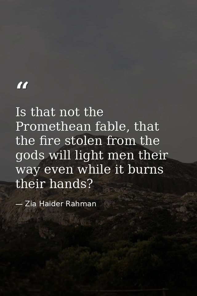 Is that not the Promethean fable, that the fire stolen from the gods will light men their way even while it burns their  — Zia Haider Rahman