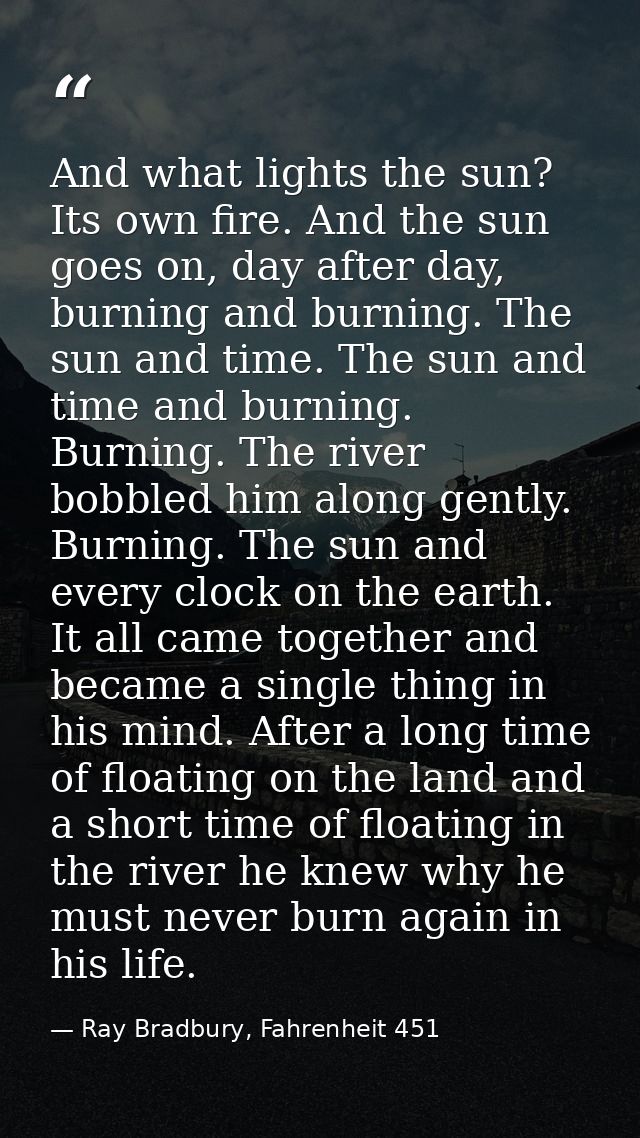 And what lights the sun? Its own fire. And the sun goes on, day after day, burning and burning. The sun and time. The su — Ray Bradbury, Fahrenheit 451
