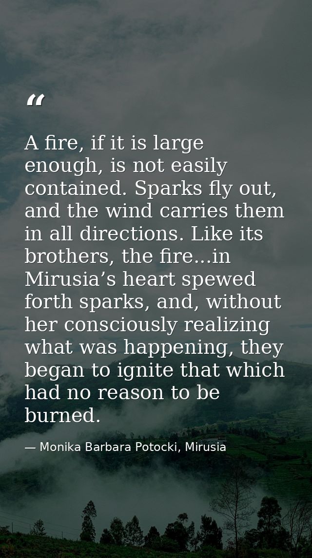 A fire, if it is large enough, is not easily contained. Sparks fly out, and the wind carries them in all directions. Lik — Monika Barbara Potocki, Mirusia