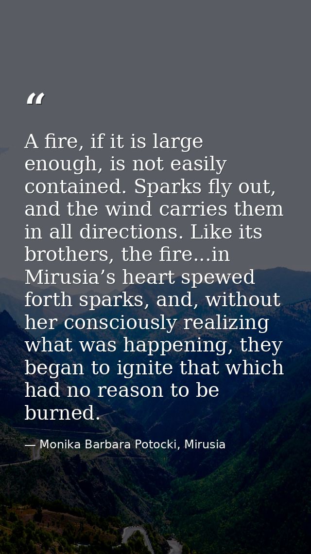 A fire, if it is large enough, is not easily contained. Sparks fly out, and the wind carries them in all directions. Lik — Monika Barbara Potocki, Mirusia