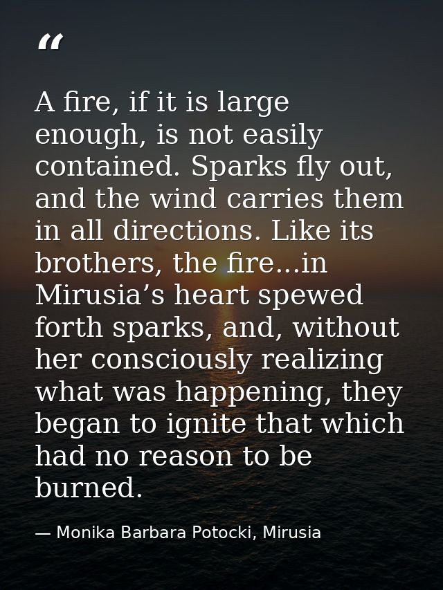 A fire, if it is large enough, is not easily contained. Sparks fly out, and the wind carries them in all directions. Lik — Monika Barbara Potocki, Mirusia