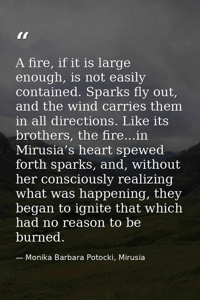 A fire, if it is large enough, is not easily contained. Sparks fly out, and the wind carries them in all directions. Lik — Monika Barbara Potocki, Mirusia