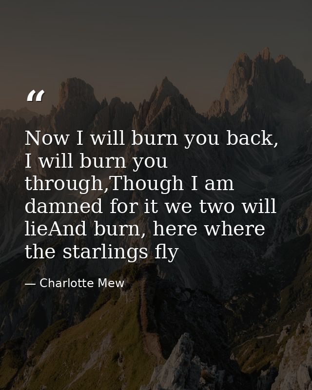 Now I will burn you back, I will burn you through,Though I am damned for it we two will lieAnd burn, here where the star — Charlotte Mew