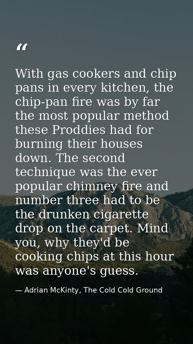 With gas cookers and chip pans in every kitchen, the chip-pan fire was by far the most popular method these Proddies had — Adrian McKinty, The Cold Cold Ground