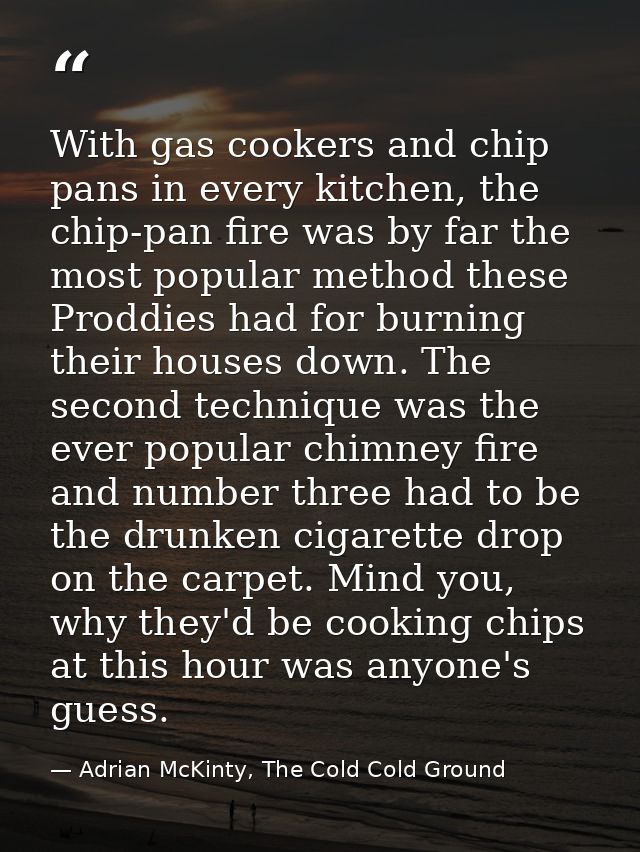 With gas cookers and chip pans in every kitchen, the chip-pan fire was by far the most popular method these Proddies had — Adrian McKinty, The Cold Cold Ground