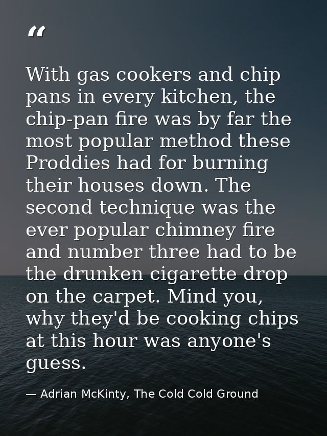 With gas cookers and chip pans in every kitchen, the chip-pan fire was by far the most popular method these Proddies had — Adrian McKinty, The Cold Cold Ground