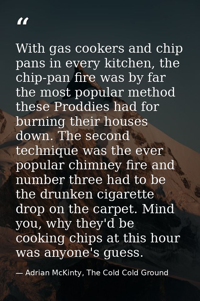 With gas cookers and chip pans in every kitchen, the chip-pan fire was by far the most popular method these Proddies had — Adrian McKinty, The Cold Cold Ground
