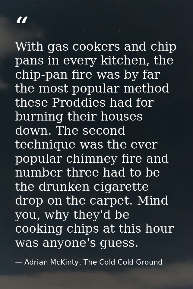 With gas cookers and chip pans in every kitchen, the chip-pan fire was by far the most popular method these Proddies had — Adrian McKinty, The Cold Cold Ground