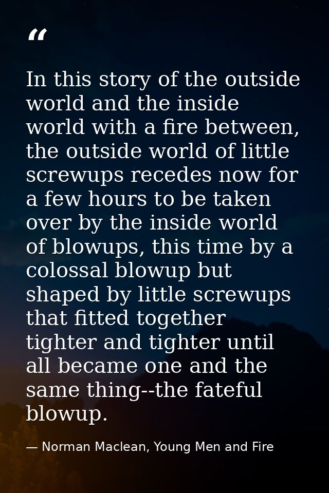 In this story of the outside world and the inside world with a fire between, the outside world of little screwups recede — Norman Maclean, Young Men and Fire