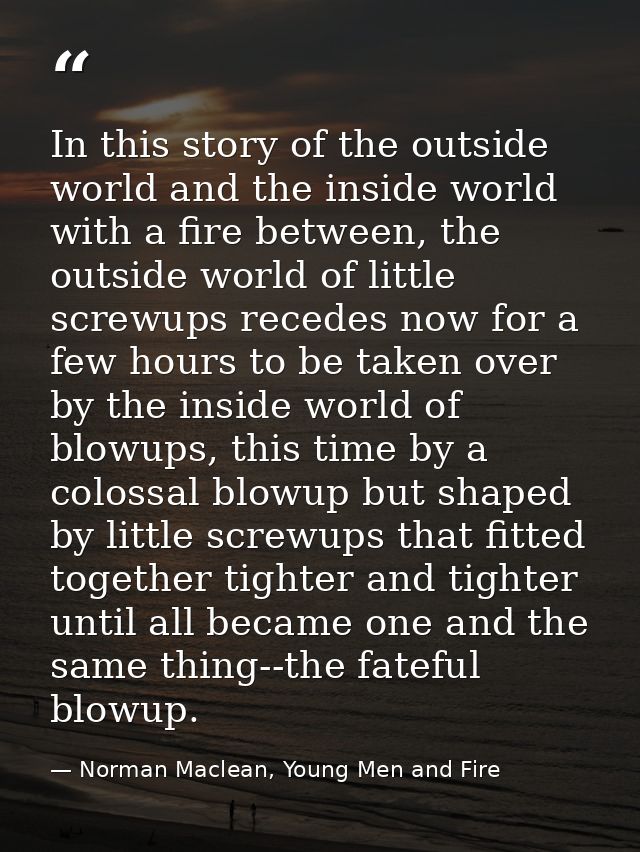 In this story of the outside world and the inside world with a fire between, the outside world of little screwups recede — Norman Maclean, Young Men and Fire