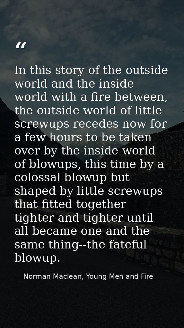 In this story of the outside world and the inside world with a fire between, the outside world of little screwups recede — Norman Maclean, Young Men and Fire