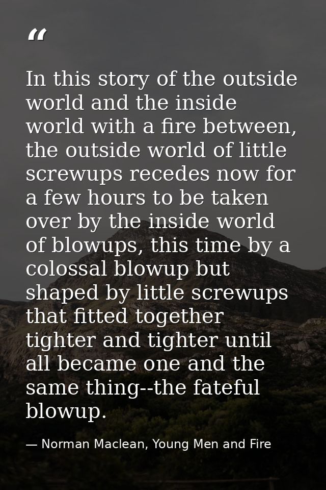 In this story of the outside world and the inside world with a fire between, the outside world of little screwups recede — Norman Maclean, Young Men and Fire