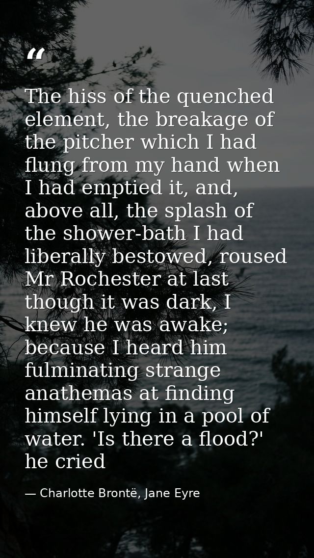 The hiss of the quenched element, the breakage of the pitcher which I had flung from my hand when I had emptied it, and, — Charlotte Brontë, Jane Eyre